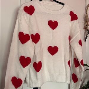 White Sweater with Red Heart Pattern